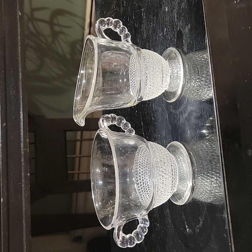 Vintage Duncan Miller Clear Tear Drop Open Sugar Bowl & Creamer Ball Disc Handle